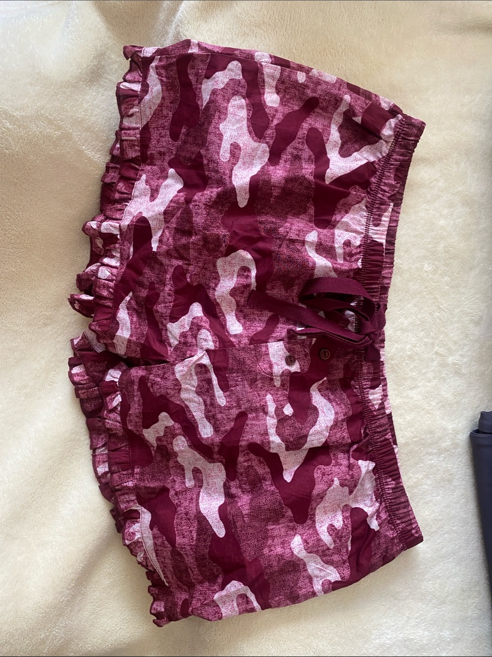 flirtitude Burgundy Camo Ruffle Hem Lounge Shorts